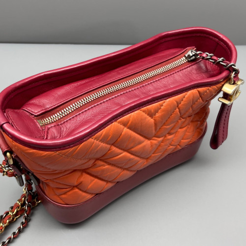 Chanel Chevron Quilted Small Gabrielle Hobo Crumpled Calfskin Orange Red