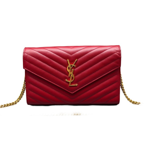 Yves Saint Laurent Matelasse Cassandra Chain Wallet Caviar Red