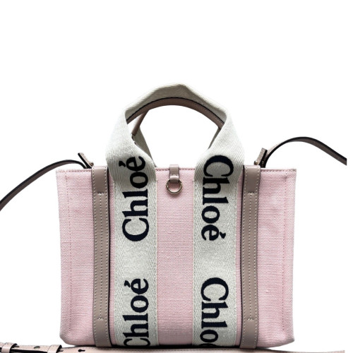 Chloe Small Woody Ribbon Tote Canvas Calfskin Pink Beige Black