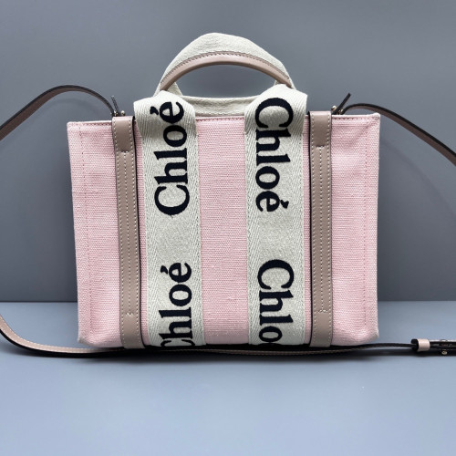 Chloe Small Woody Ribbon Tote Canvas Calfskin Pink Beige Black