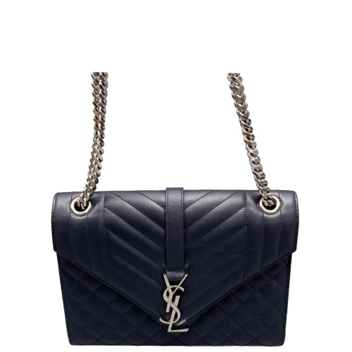 Yves Saint Laurent Medium Envelope Chain Wallet Shiny Caviar Calfskin Dark Blue