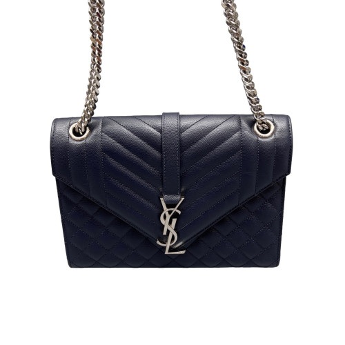Yves Saint Laurent Medium Envelope Chain Wallet Shiny Caviar Calfskin Dark Blue