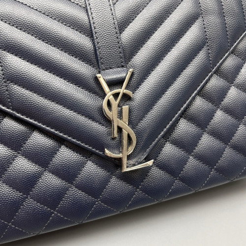Yves Saint Laurent Medium Envelope Chain Wallet Shiny Caviar Calfskin Dark Blue