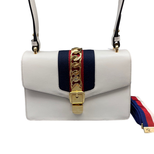 Gucci Web Small Sylvie Shoulder Bag Calfskin White Blue Red