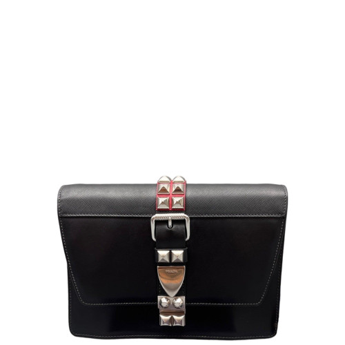 Prada Studded Medium Elektra Shoulder Bag Calfskin Saffiano Calfskin Black Red