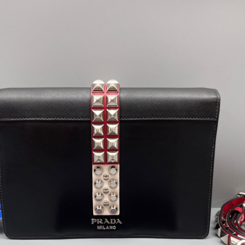 Prada Studded Medium Elektra Shoulder Bag Calfskin Saffiano Calfskin Black Red