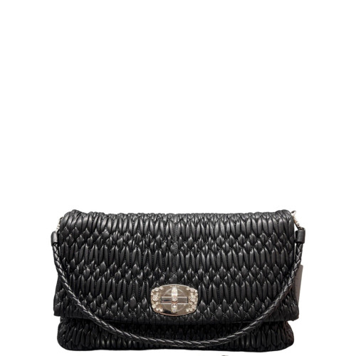 Miu Miu Strass Matelasse Crystal Flap Clutch Crumpled Lambskin Black