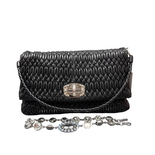 Miu Miu Strass Matelasse Crystal Flap Clutch Crumpled Lambskin Black