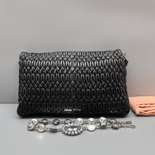 Miu Miu Strass Matelasse Crystal Flap Clutch Crumpled Lambskin Black