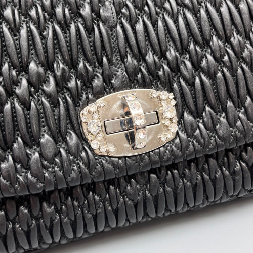 Miu Miu Strass Matelasse Crystal Flap Clutch Crumpled Lambskin Black