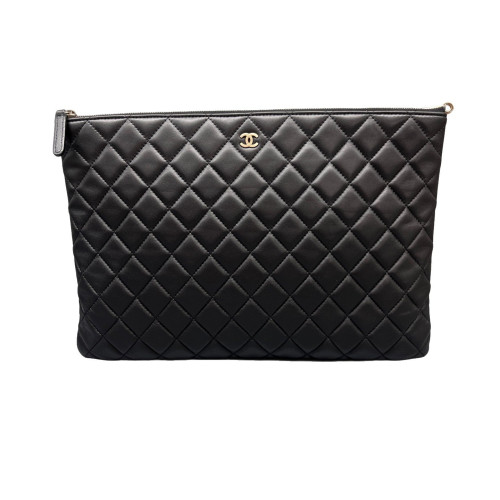 Chanel Quilted Large O Case Clutch Calfskin Black