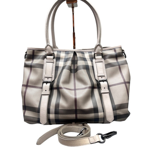Burberry Tote Bag House Check Calfskin Beige Black Dark Red