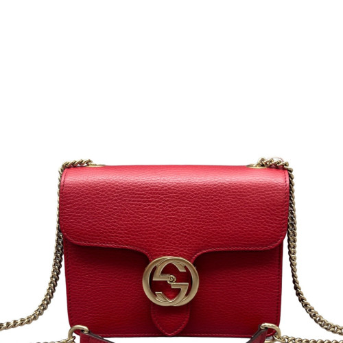 Gucci Small Interlocking G Shoulder Bag Grained Calfskin Red