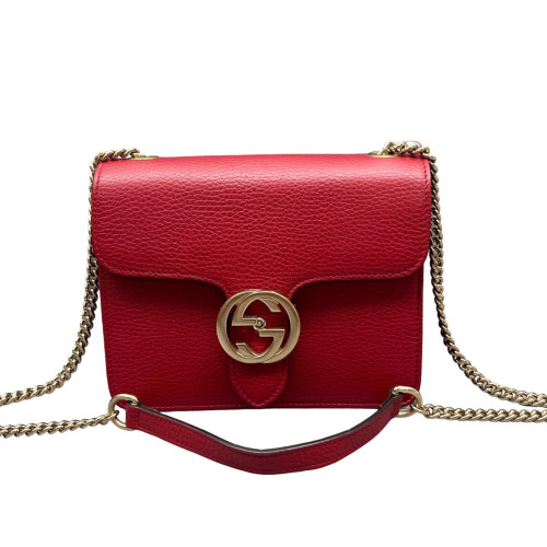 Gucci Small Interlocking G Shoulder Bag Grained Calfskin Red