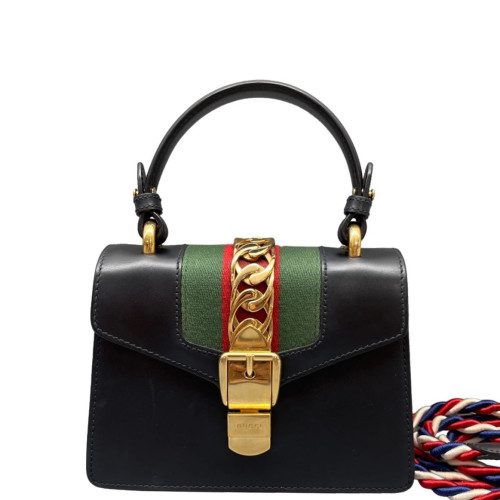 Gucci Mini Sylvie Top Handle Calfskin Black Green Red Gucci Mini Sylvie Top Handle Calfskin Black Green Red