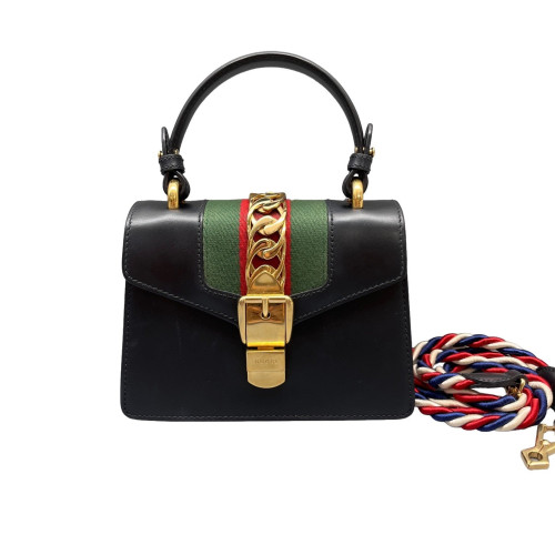 Gucci Mini Sylvie Top Handle Calfskin Black Green Red Gucci Mini Sylvie Top Handle Calfskin Black Green Red