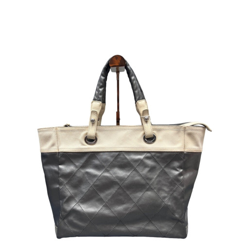 Chanel Quilted Handbag Calfskin Grey Beige