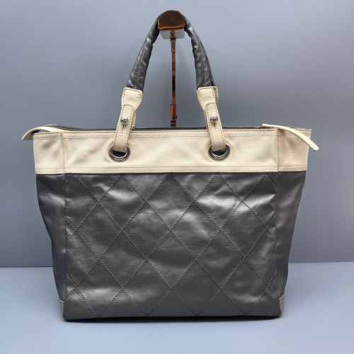 Chanel Quilted Handbag Calfskin Grey Beige