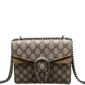 Gucci Small Dionysus GG Supreme Monogram Suede Camel Beige