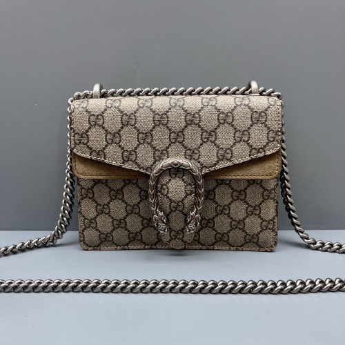 Gucci Small Dionysus GG Supreme Monogram Suede Camel Beige