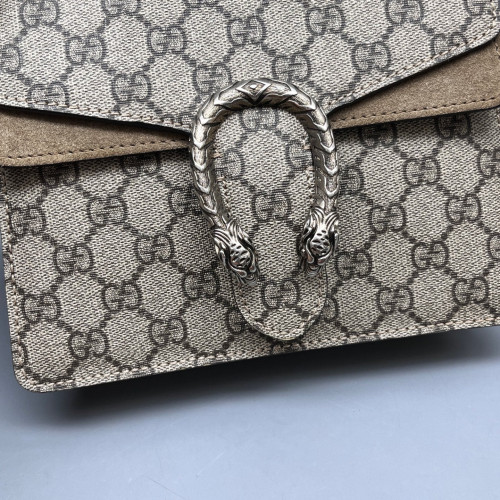 Gucci Small Dionysus GG Supreme Monogram Suede Camel Beige
