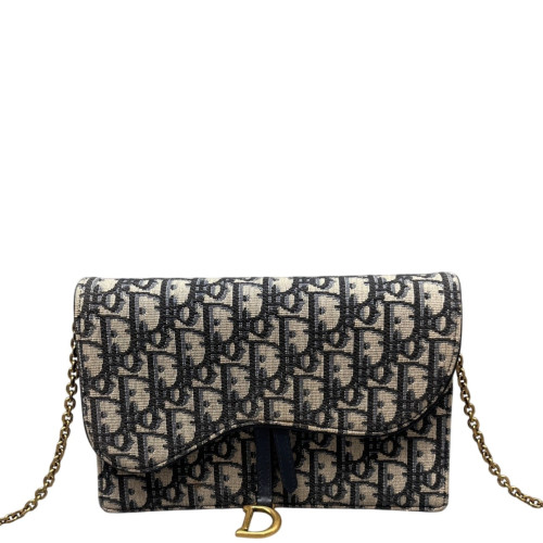 Dior Medium Saddle Chain Pouch Oblique Black Beige