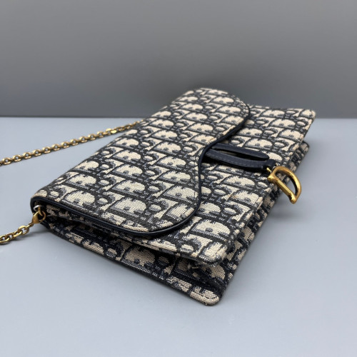 Dior Medium Saddle Chain Pouch Oblique Black Beige