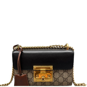 Gucci Small Padlock Shoulder Bag GG Supreme Monogram Black Brown