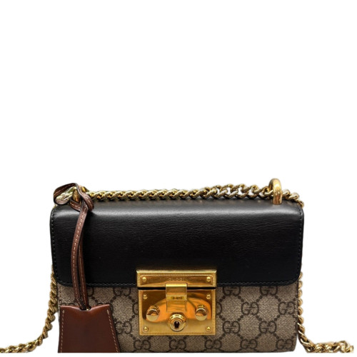 Gucci Small Padlock Shoulder Bag GG Supreme Monogram Black Brown