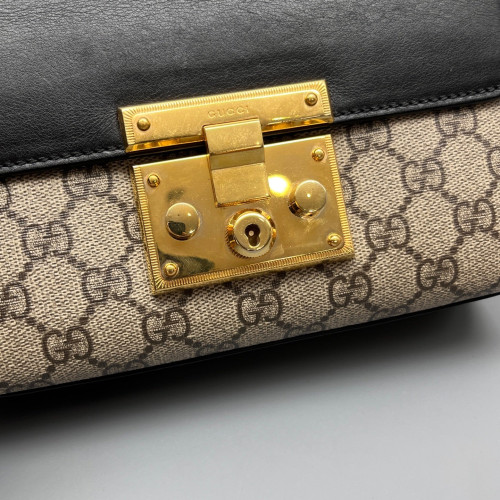 Gucci Small Padlock Shoulder Bag GG Supreme Monogram Black Brown