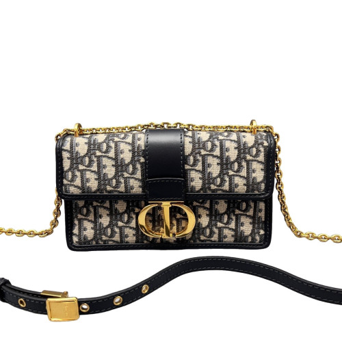 Dior 30 Montaigne Chain Flap Bag Small Oblique Black Beige