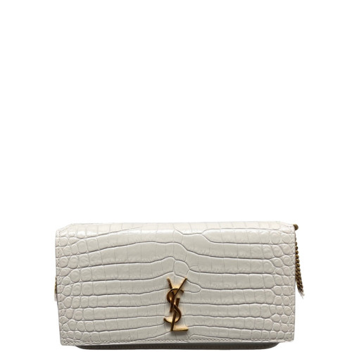 Yves Saint Laurent Wallet On Chain WOC Calfskin Crocodile Embossed White Yves Saint Laurent Wallet On Chain WOC Calfskin Crocodile Embossed White