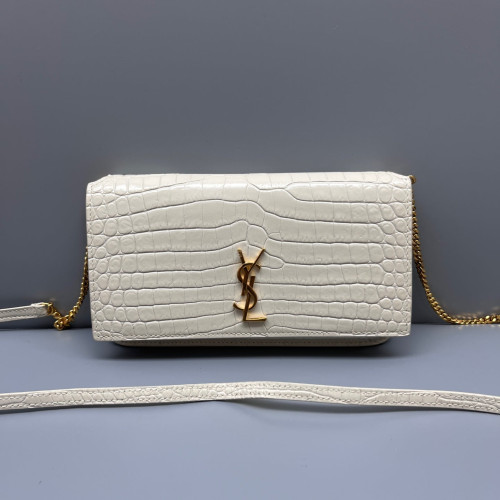 Yves Saint Laurent Wallet On Chain WOC Calfskin Crocodile Embossed White Yves Saint Laurent Wallet On Chain WOC Calfskin Crocodile Embossed White