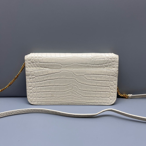 Yves Saint Laurent Wallet On Chain WOC Calfskin Crocodile Embossed White Yves Saint Laurent Wallet On Chain WOC Calfskin Crocodile Embossed White