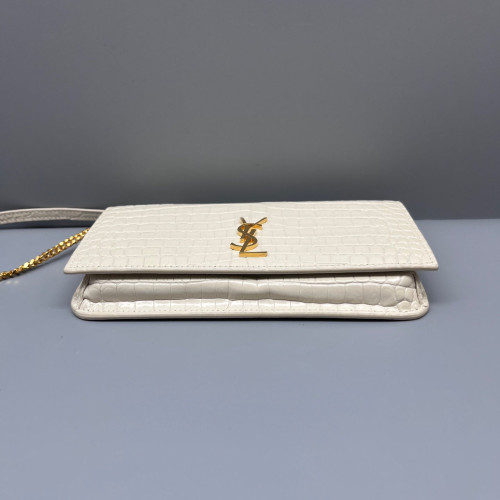 Yves Saint Laurent Wallet On Chain WOC Calfskin Crocodile Embossed White Yves Saint Laurent Wallet On Chain WOC Calfskin Crocodile Embossed White