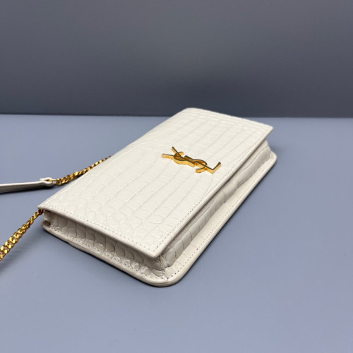 Yves Saint Laurent Wallet On Chain WOC Calfskin Crocodile Embossed White Yves Saint Laurent Wallet On Chain WOC Calfskin Crocodile Embossed White