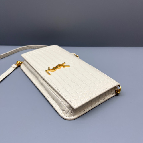 Yves Saint Laurent Wallet On Chain WOC Calfskin Crocodile Embossed White Yves Saint Laurent Wallet On Chain WOC Calfskin Crocodile Embossed White