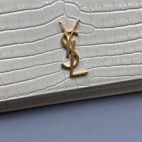 Yves Saint Laurent Wallet On Chain WOC Calfskin Crocodile Embossed White Yves Saint Laurent Wallet On Chain WOC Calfskin Crocodile Embossed White