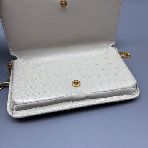 Yves Saint Laurent Wallet On Chain WOC Calfskin Crocodile Embossed White Yves Saint Laurent Wallet On Chain WOC Calfskin Crocodile Embossed White