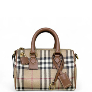 Burberry Boston Bag House Check Calfskin Brown Beige Black