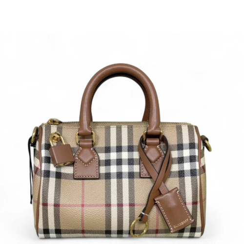 Burberry Boston Bag House Check Calfskin Brown Beige Black