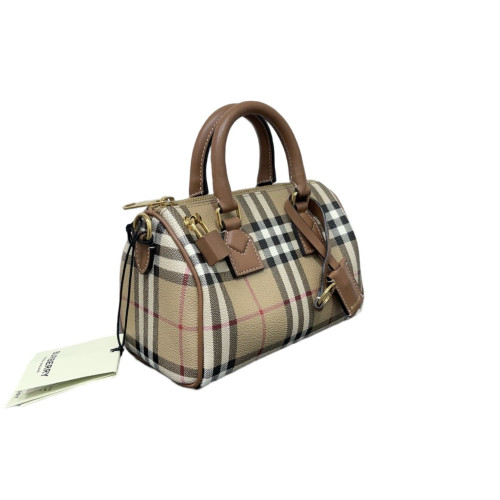 Burberry Boston Bag House Check Calfskin Brown Beige Black