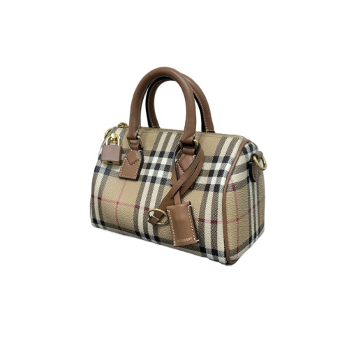 Burberry Boston Bag House Check Calfskin Brown Beige Black