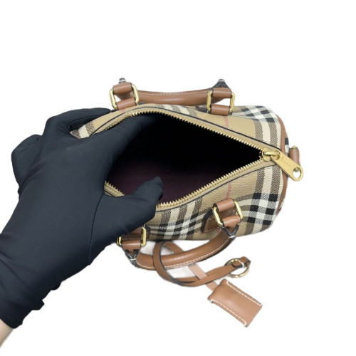 Burberry Boston Bag House Check Calfskin Brown Beige Black