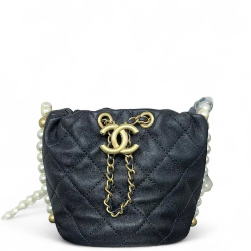 Chanel Quilted Pearl Chain Bucket Calfskin Black