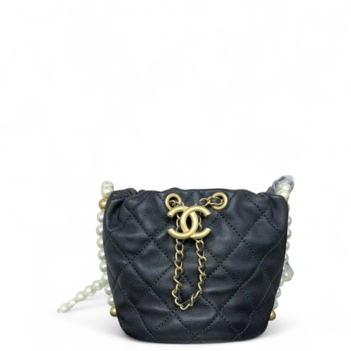 Chanel Quilted Pearl Chain Bucket Calfskin Black