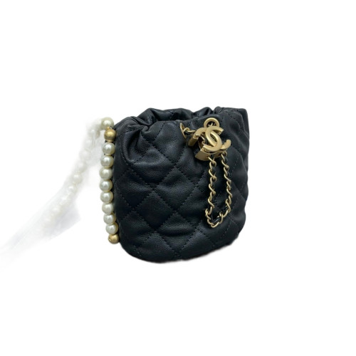 Chanel Quilted Pearl Chain Bucket Calfskin Black