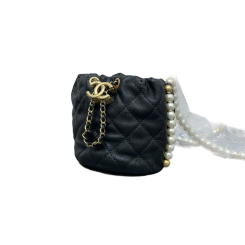 Chanel Quilted Pearl Chain Bucket Calfskin Black
