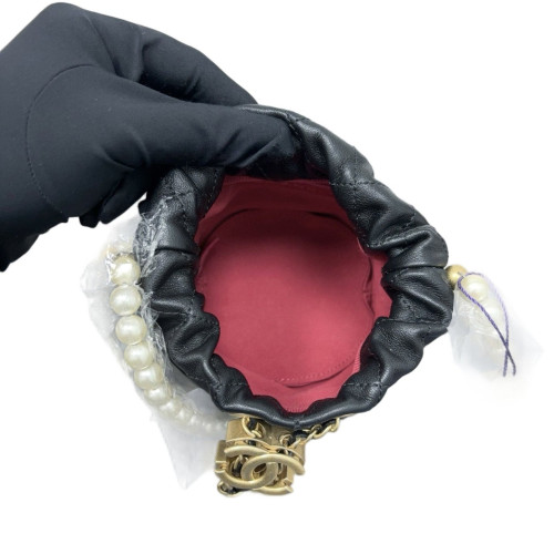 Chanel Quilted Pearl Chain Bucket Calfskin Black