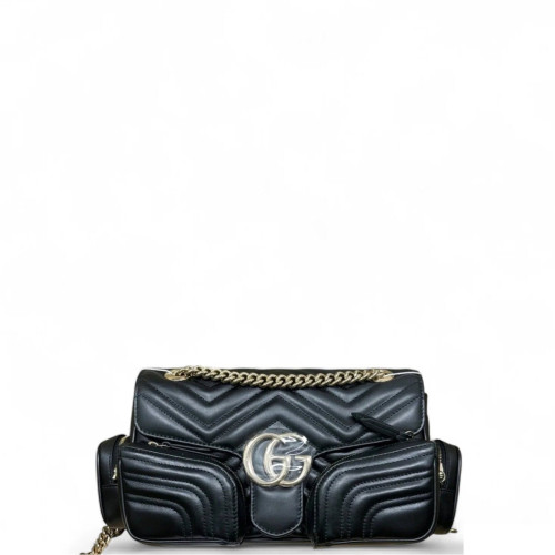 Gucci Chevron Marmont Shoulder Bag Calfskin Black Gucci Chevron Marmont Shoulder Bag Calfskin Black